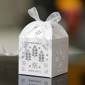 Détail de motifs creux de sapin de Noël et flocons découpés au laser sur boîte blanche