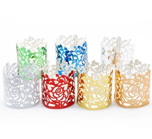 Hollow rose flower napkin rings set in seven metallic colors for wedding party decor