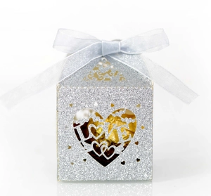 Glittery silver LOVE hollow heart candy box with blue ribbon and gold chocolates