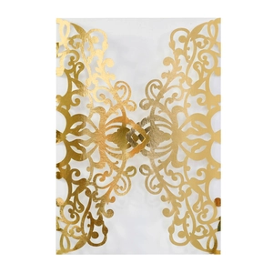 Laser-cut rose gold wedding invitation with intricate floral vine pattern on white backdrop