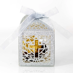 Detailed silver glitter cross laser-cut gift box with white satin bow and vine pattern