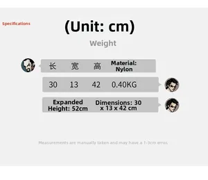 Detailed size chart for nylon backpack with dimensions 30x13x42cm and 0.4kg weight