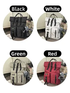 Detail view of marble pattern roll-top backpacks in black, white, green and red colors
