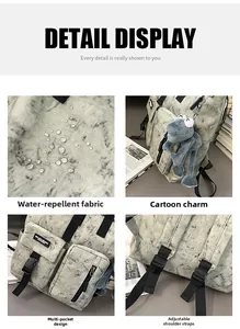Water-resistant gray marble backpack featuring dual front pockets and cartoon frog charm