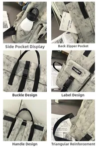 Detail view of water-resistant backpack showing side pocket, buckle and reinforced strap