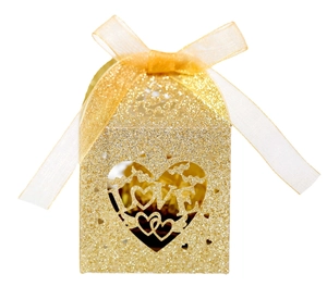 Golden glitter wedding favor box with LOVE heart cutout and champagne ribbon