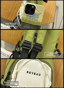 Détails du sac en nylon vert montrant la poche en filet, la sangle et la broderie