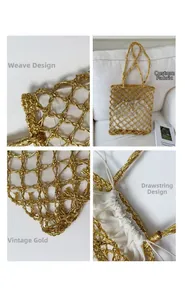 Close-up of golden metallic hollow-out mesh weave tote with a white drawstring inner bag