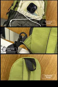 Détails du sac en nylon vert avec poche en filet, crochets et poignée de transport