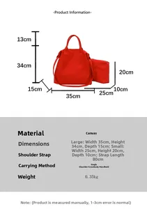 Size chart for red canvas tote and crossbody bag set with detailed dimensions and weight