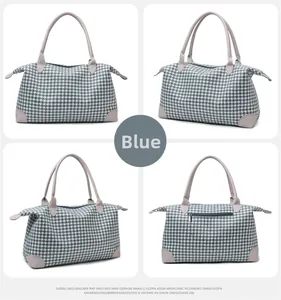 Sac de voyage pied-de-poule bleu montrant les vues avant, latérale et arrière du sac