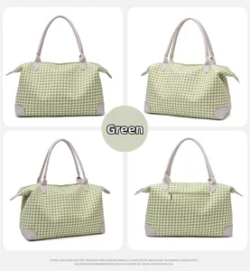 Vues macro du sac de voyage pied-de-poule vert avec finitions en cuir sous quatre angles