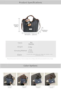 Detailed size chart and multi-color options for large capacity denim crossbody bucket bag