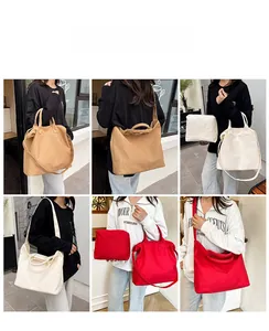 Collage of large canvas tote bag in camel, beige and red with multiple carrying styles
