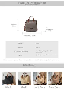 Detailed size chart for canvas tote bag with measurements and color selection guide
