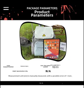 Detailed parameters and measurements of the nylon backpack showing size 30x15x36cm