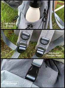 Detail view of nylon backpack featuring adjustable straps with D-rings and side drawstring pocket
