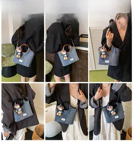 Collage of a denim bucket bag styled by a model with a cute bear charm and two strap colors