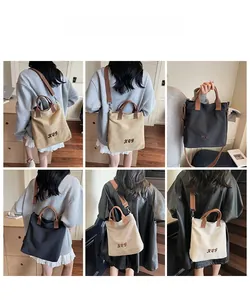 Collage of model showing retro canvas tote bag in black, khaki, and cream white colors