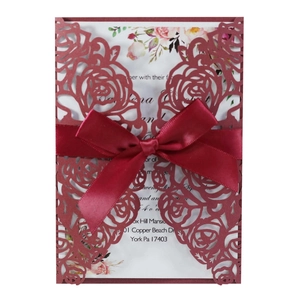 European Laser Cut Rose Wedding Invitation Cards With Ribbon Envelope Pearlescent Paper Hollow Greeting Card For Valentine