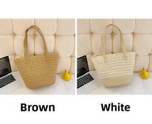 Detailed comparison of brown and white hollow-out woven straw tote bags for summer beach
