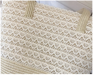 Detailed macro view of beige lace patterns and woven straw texture on a beach tote bag