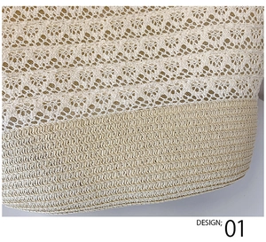 Macro detail of the white floral lace pattern and rustic straw weaving on the tote bag