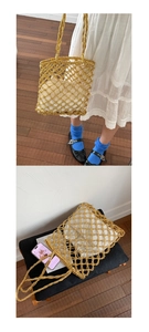 Detailed close-up of a gold woven tote bag with white drawstring liner and hollow mesh design