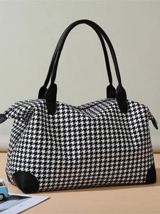 Grand sac de voyage pied-de-poule avec renforts en cuir noir pour le yoga et le sport