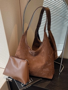 Brown faux suede hobo tote and pouch set, large shoulder bag in vintage minimalist style