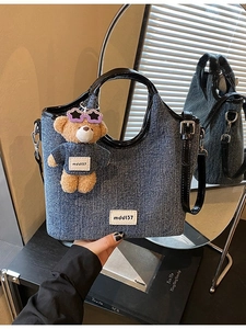 Retro Denim Crossbody Bag For Women Large Capacity Bucket Bag Korean Style Casual Tote Shoulder Bag With Plush Bear Keychain