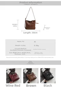 Detailed size specifications and color options for the retro large capacity PU bucket bag