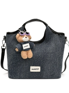 Large capacity blue denim tote bag with plush bear charm and black leather straps