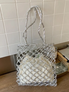Women Metallic Woven Shoulder Bag Hollow Out Large Capacity Tote Bag With Drawstring Inner Pouch Beach Vacation Handbag