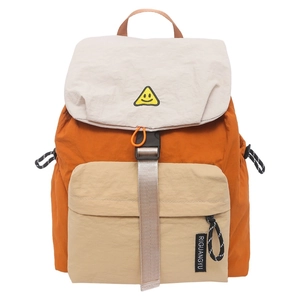 Three-tone outdoor backpack featuring off-white, orange, and khaki panels with smiley patch