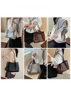 Detailed views of checkered woven tote bag and mini pouch shown in lifestyle scenarios