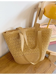 Women Large Capacity Straw Woven Tote Bag Hollow Out Crochet Lace Style Beach Vacation Shoulder Bag With Zipper Closure