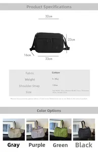 Detailed size specifications for a lightweight 0.28kg nylon shoulder bag in four colors
