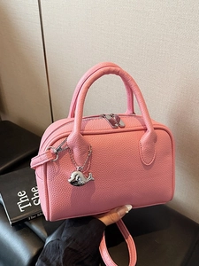 Fashion Litchi Pattern PU Leather Crossbody Bag For Women Small Bowling Handbag With Whale Pendant Solid Color Daily Shoulder Bag