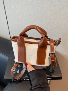 Mini Women Canvas Bucket Bag With PU Leather Splicing Contrast Color Crossbody Shoulder Handbag Casual Daily Mini Tote Bag