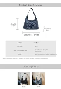 Detailed view of retro denim tote bag with star patchwork and dimensions specification
