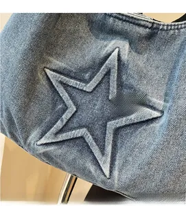 Macro detail of embossed star pattern on high-quality washed blue denim tote bag texture