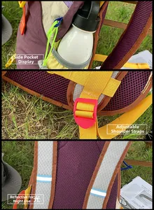Détail du sac à dos de voyage avec poche latérale, bretelles réglables et bandes réfléchissantes