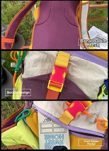 Détails du dossier en maille respirante, boucle de fermeture et poche avant zippée du sac