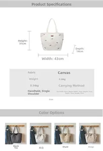 Detailed dimension chart showing 31x43x14cm size for this large canvas tote bag