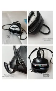 Detailed views of mini backpack showing handle, strap buckles, and inner storage space