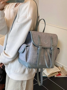 Fashionable blue-grey large capacity backpack with embroidery flower detail and flap cover