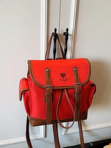 Red canvas backpack with brown leather trim and heart embroidery in a retro style