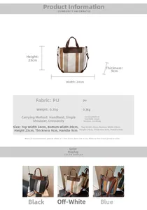 Detailed size chart showing dimensions and colors for striped canvas tote bag
