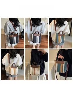 Detailed views of striped canvas tote bag with leather handles and adjustable straps